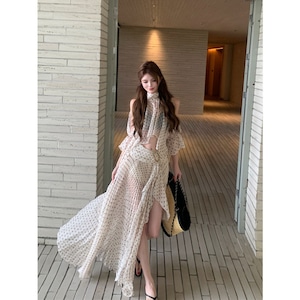 【2点】ロングドレス レディース ハイネック 水玉模様 シフォン ワイドスリーブ プリーツ オフホワイト リゾート 夏コーデDQ2-XKD-D337B-2987-Apr29
