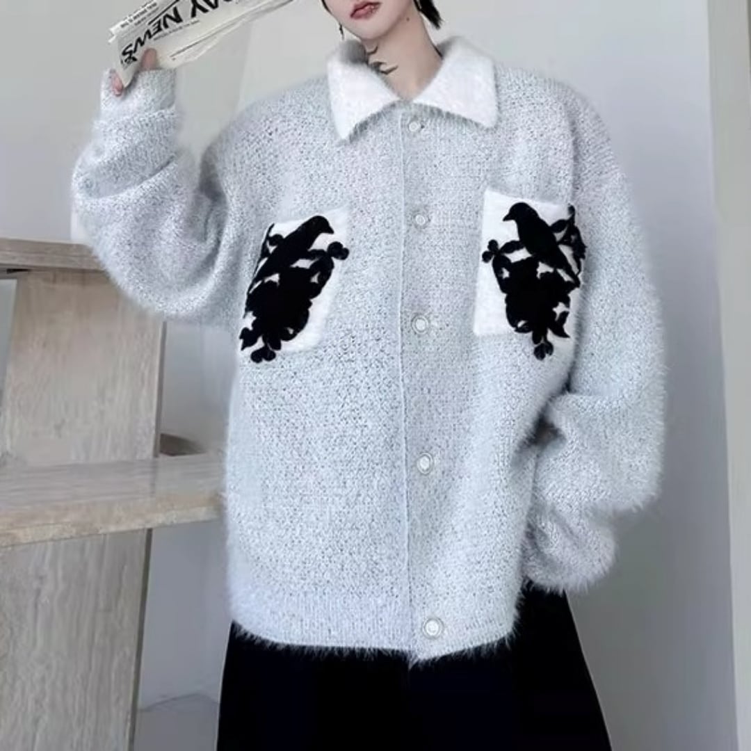 バード刺繍 シャギーニットカーディガン 2カラー D12045