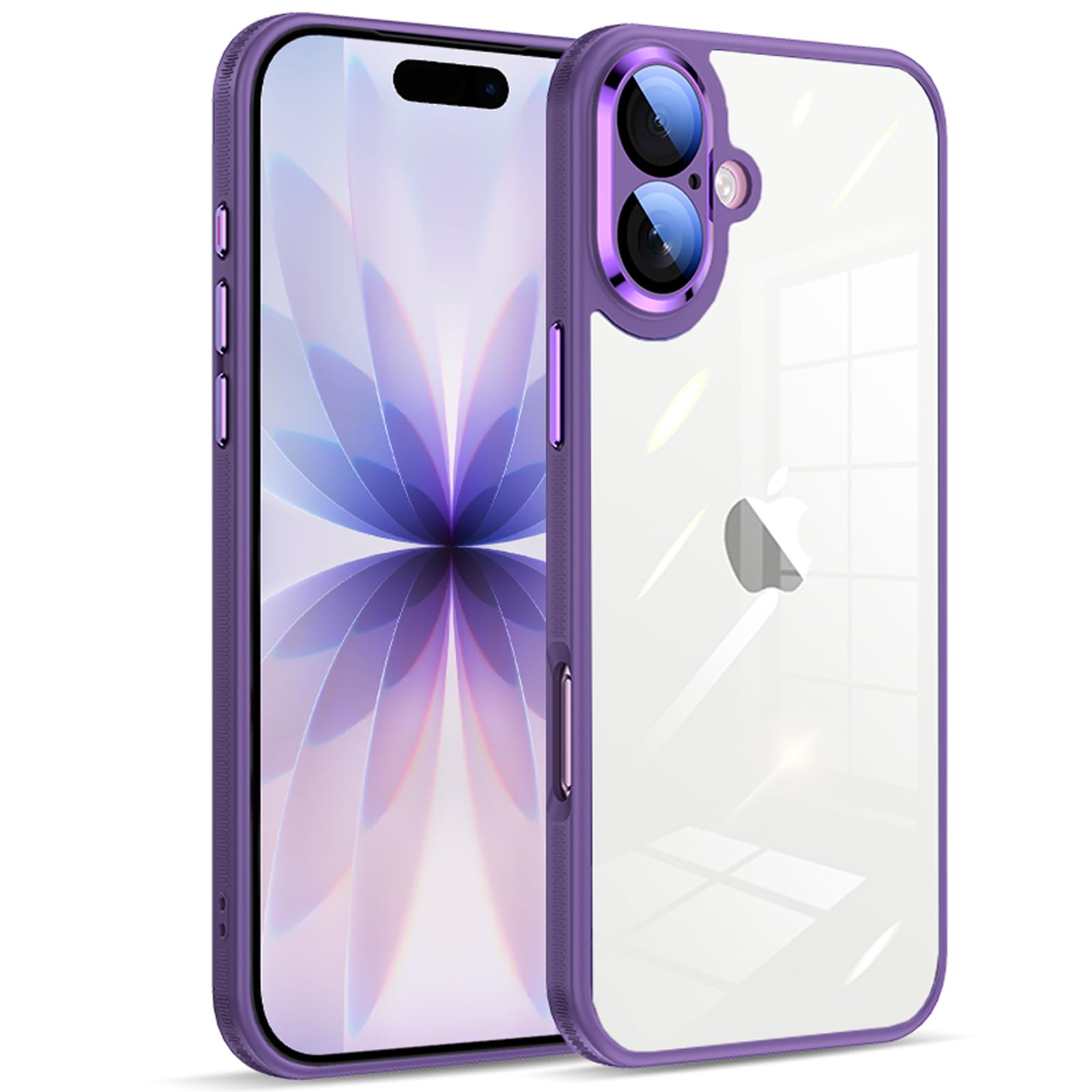 Donocao iPhone 17用ケース クリア シリコン耐衝撃 薄型 軽量 透明背面 カメラカバー付きの一体型レンズ保護 滑り止め 全面保護 黄変防止 指紋防止 かわいいアイフォン17ケース ディープ・パープル