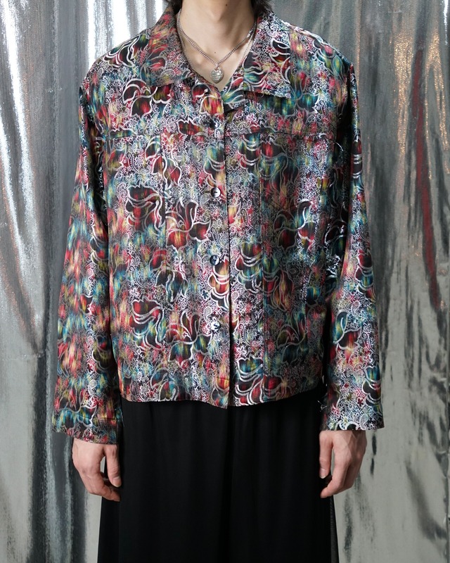 Vintage metallic flower pattern silk rayon short shirt jacket
