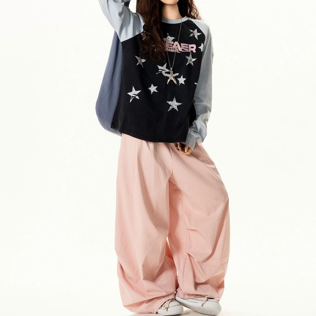 ユーズドライクレトロポップスターパターンラグランTシャツ 1col R02576