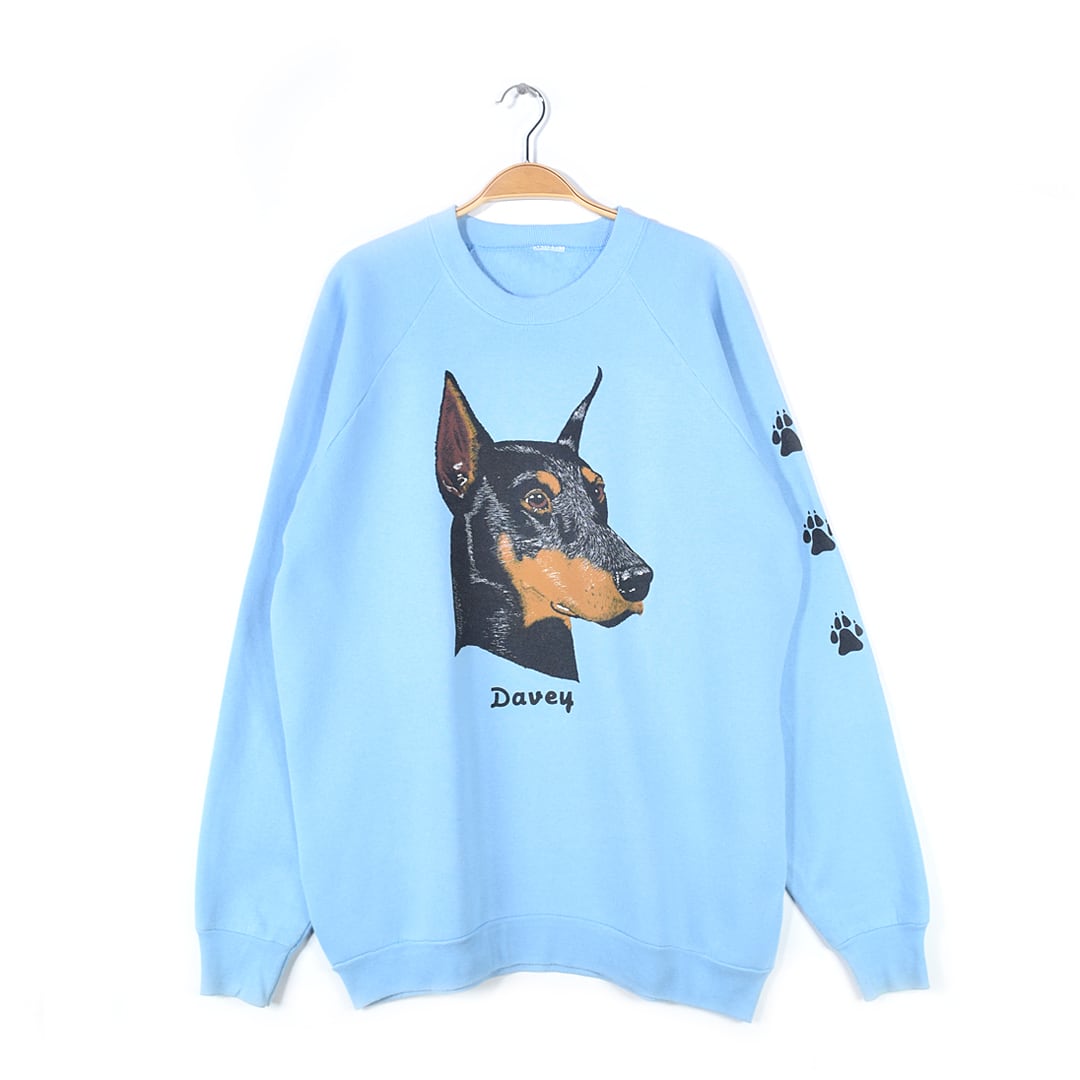 80s ドーベルマン ヴィンテージスウェット アニマルプリント ペット 犬 袖プリント 肉球 水色 メンズXL相当 古着 @CF0890