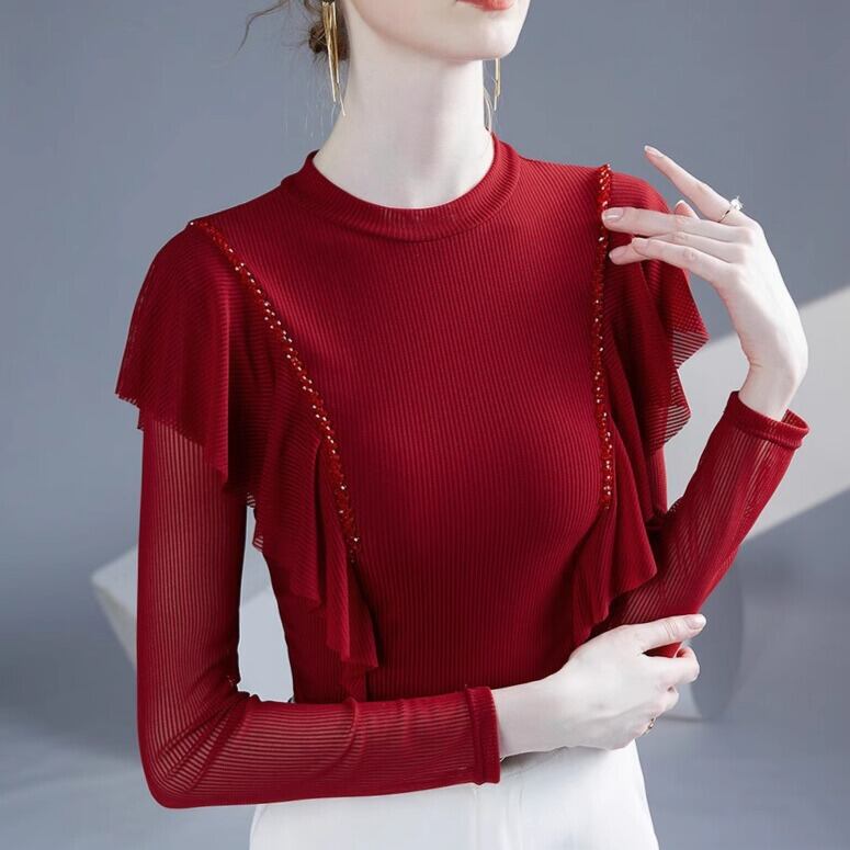 フリル ロングスリーブ リブ クルーネック ダンスカットソー ds1100