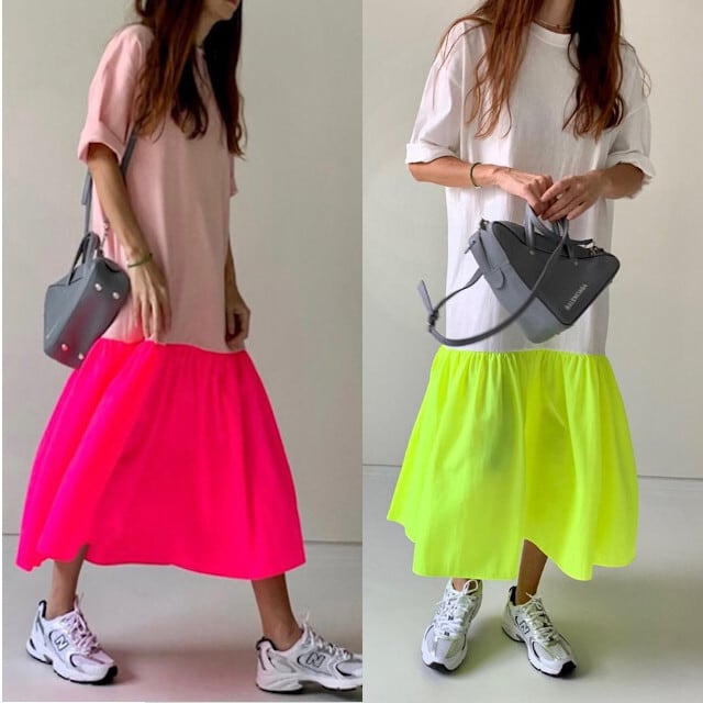 全4色 グレー/ホワイト/ピンク/グリーン レディース Tシャツワンピース マキシワンピ ネオンカラー バイカラー 蛍光配色 カットソー フレア