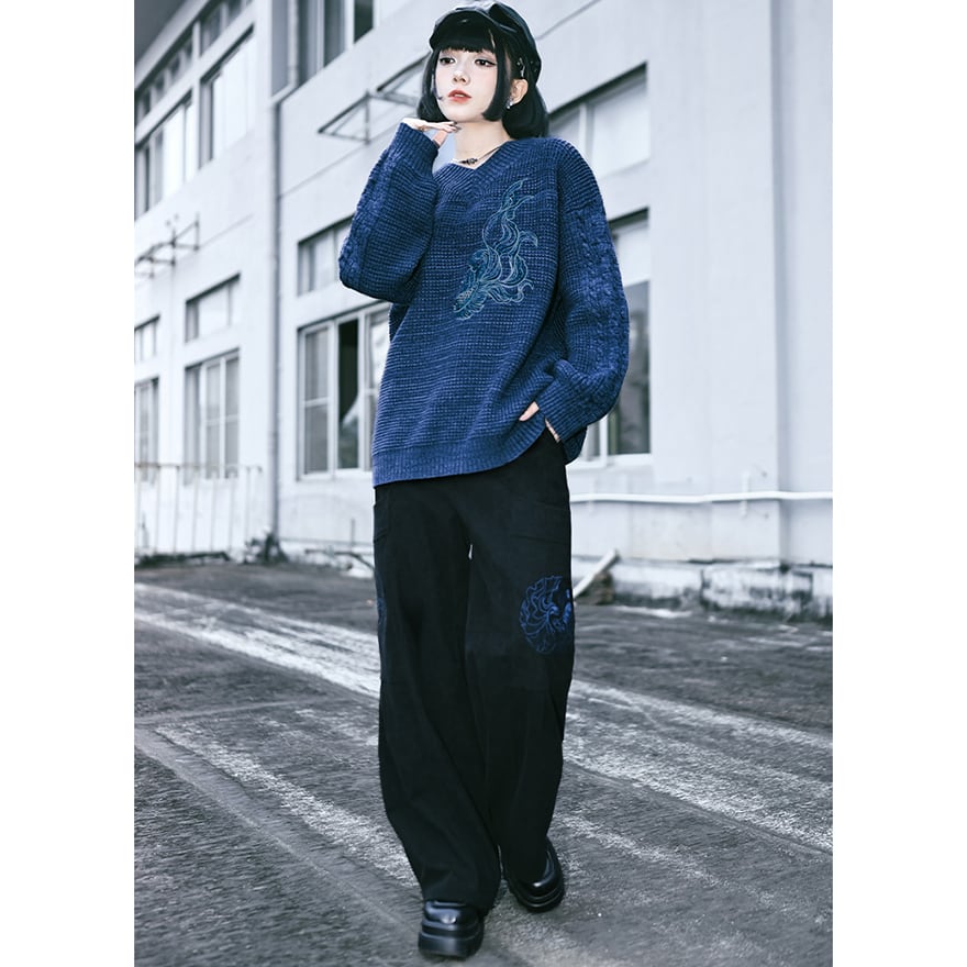 サブカル系中華 コーデュロイ パンツ 刺繍 大人ゴシック