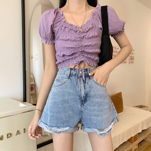 ✞ Vネックプリーツギャザーレーススリーブショートトップス ショートパンツ ✞ゴスロリ SM ミリ 甘ロリ クラロリ 和ロリ エレガント 黒ロリ 姫ロリ 華ロリ BB-BB7145741