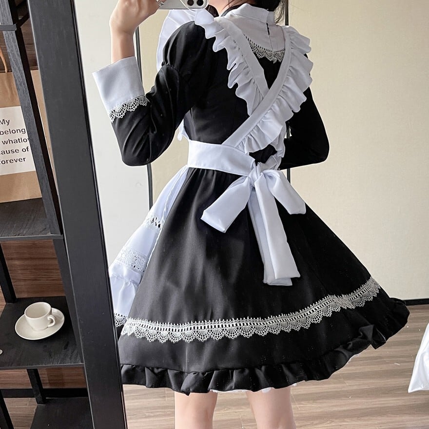 クラシカル メイドワンピース ヴィクトリアン風 黒白フリルエプロン
