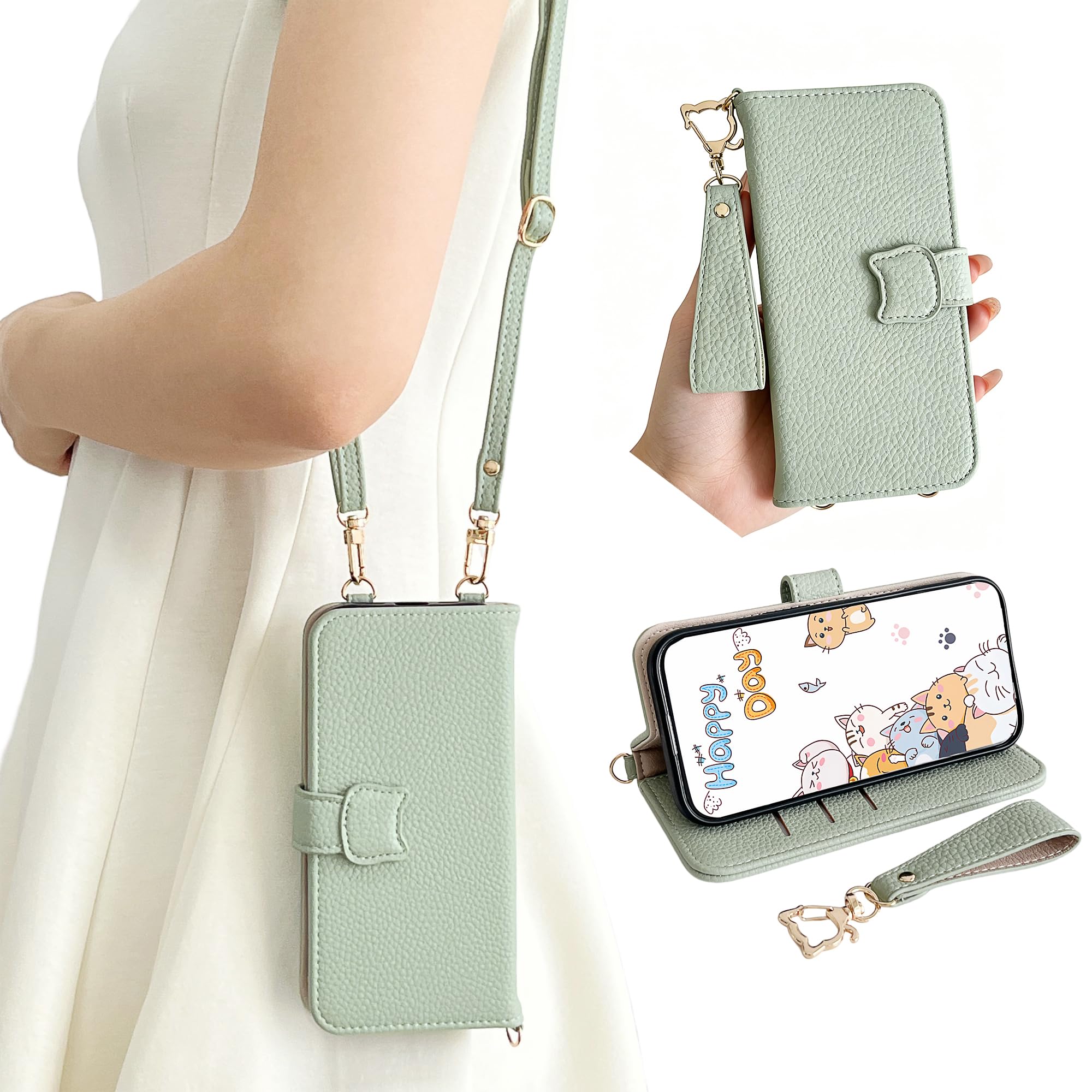 Satomirai For iPhone 17e ケース 手帳型 スマホケース iPhone 16e おしゃれ かわいい 猫 ネコ 猫耳 ショルダー ストラップ付き アイフォン 17e ケース 財布型 人気 シンプル どうぶつ カード収納 スタンド機能 大人 動物柄 あいふぉん 16e 女性 レディース 上品 手作 レトロ 肌感レザー (グリーン)