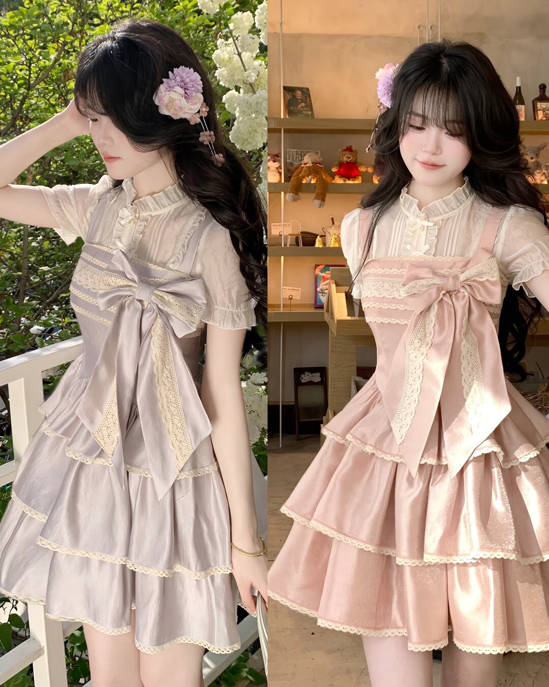 サイドビッグリボンティアードワンピース(2 colors) ピンク、パープル