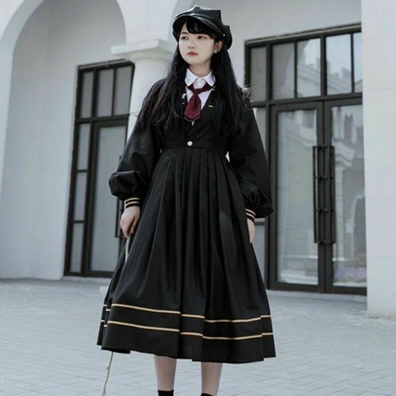サブカル 服 地雷系 通販 ロリータ ワンピース 制服 フルセット シャツ ネクタイ ハイウエスト ロング丈 プリーツスカート 女学院風 ゴシック ロリータ