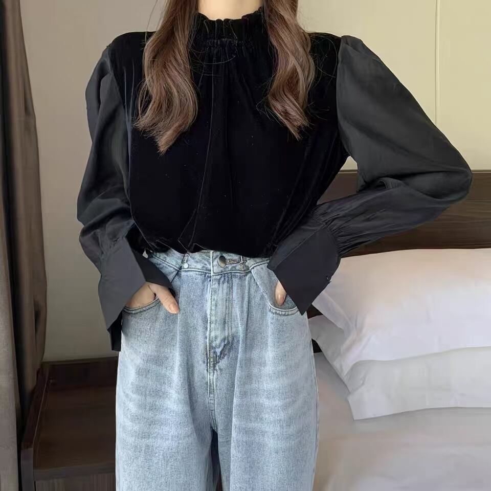 ベロア×シフォン フリルネックブラウス　AJ44170-650