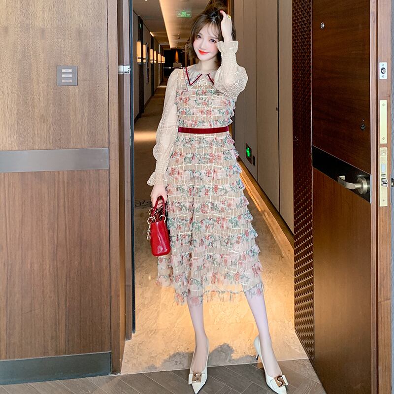 カラープリント柄カフメッシュドレス スプリング レッド 大人ガーリー スウィート キュート カジュアル 春物 ステッチ MIUCO57481355555