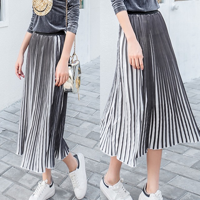 ロング丈 プリーツ ストライプスカート