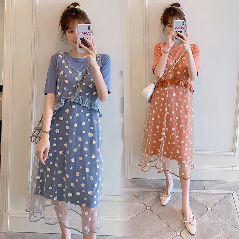 【新作】【送料無料】 マタニティウェア2020夏の新しい小さな菊メッシュミドル丈ベストスカート+ Tシャツツーピースセット妊娠中の女性-アリババ サマー 夏物 expec265051737839