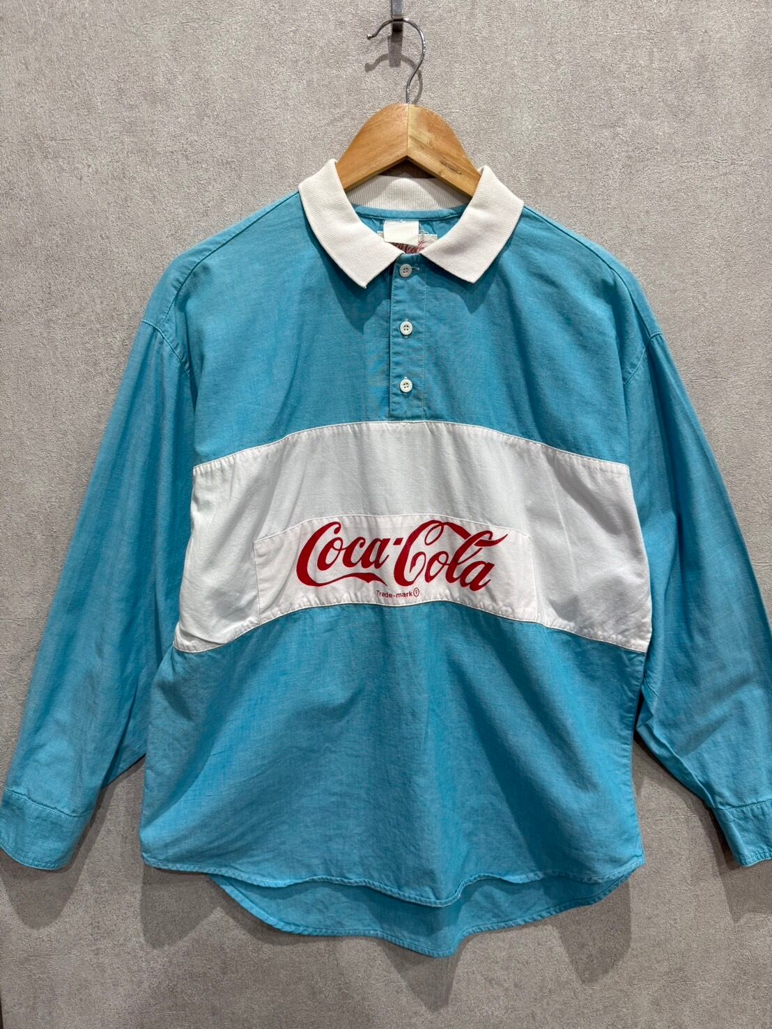 Coca Cola ラガーシャツ ケミカルブルー L 長袖ポロシャツ 古着