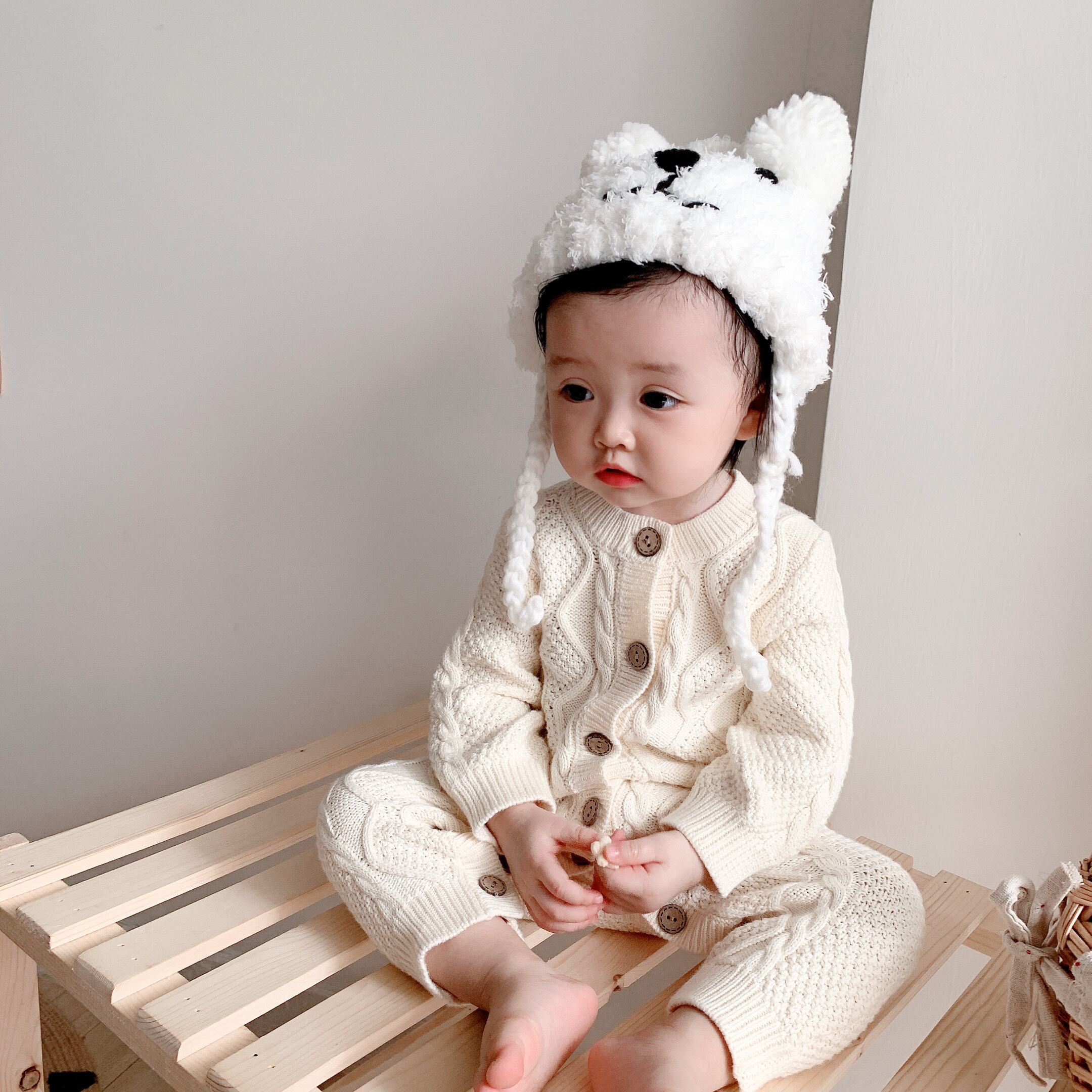 イン秋の赤ちゃん男性と女性の赤ちゃんロングロンパース綿ニットウール