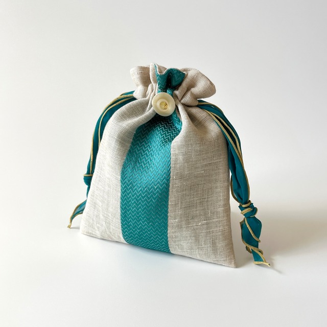 【エクリュ×エメラルドグリーン】リネン×ジョーゼット生地のリボン巾着 画像