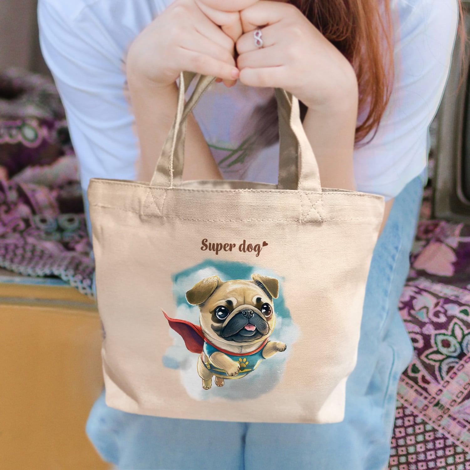 ヒーロー パグ 】 ミニキャンバス トートバッグ 犬 ペット うちの子
