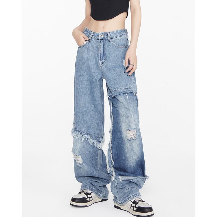 ダメージ加工 フルレングス デニムパンツ L00336