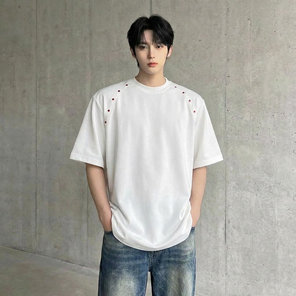 ビーズライン装飾 ワイドクルーネックTシャツ 3カラー D12283