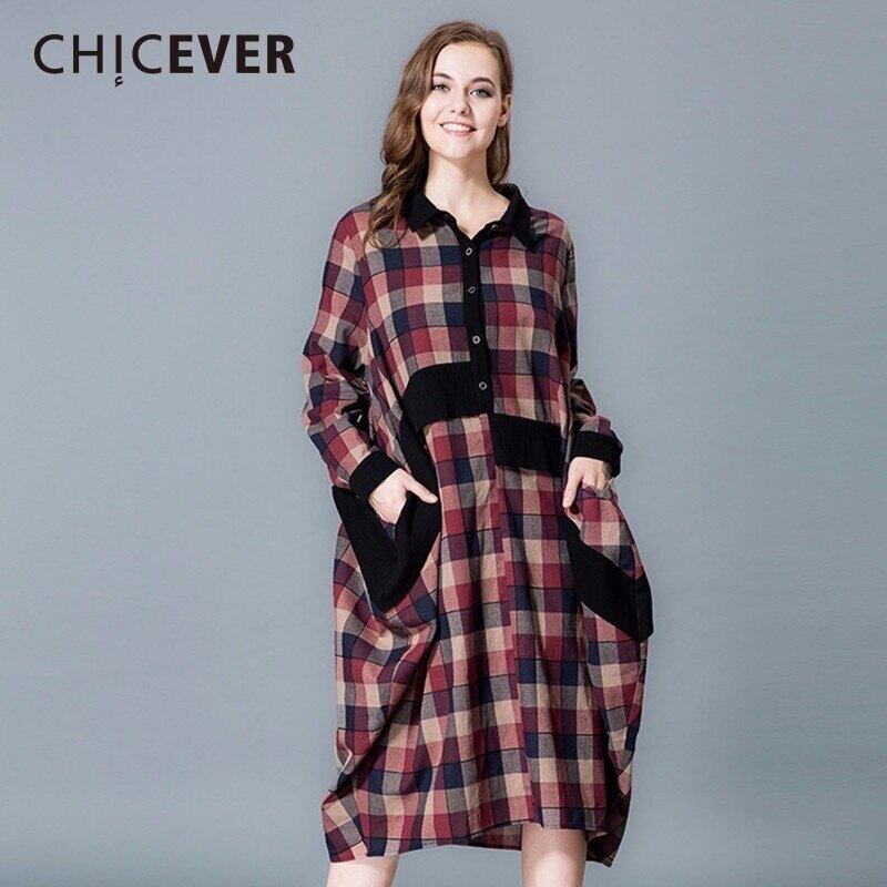 CHICEVER春の格子縞のパッチワークの女性のドレス長袖ルーズビッグサイズヒットカラードレス服Vestidos ロング スプリング 春物 6base577659330836