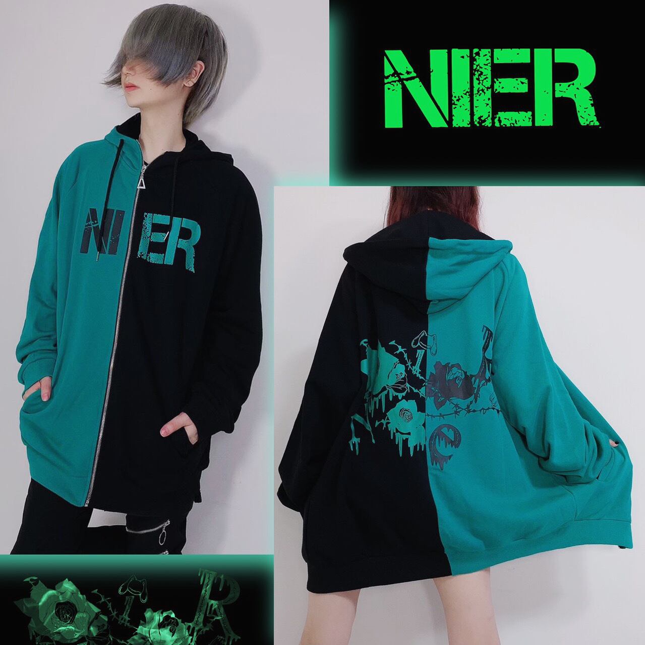 two-tone ZIP PARKA【GREEN ROSE】