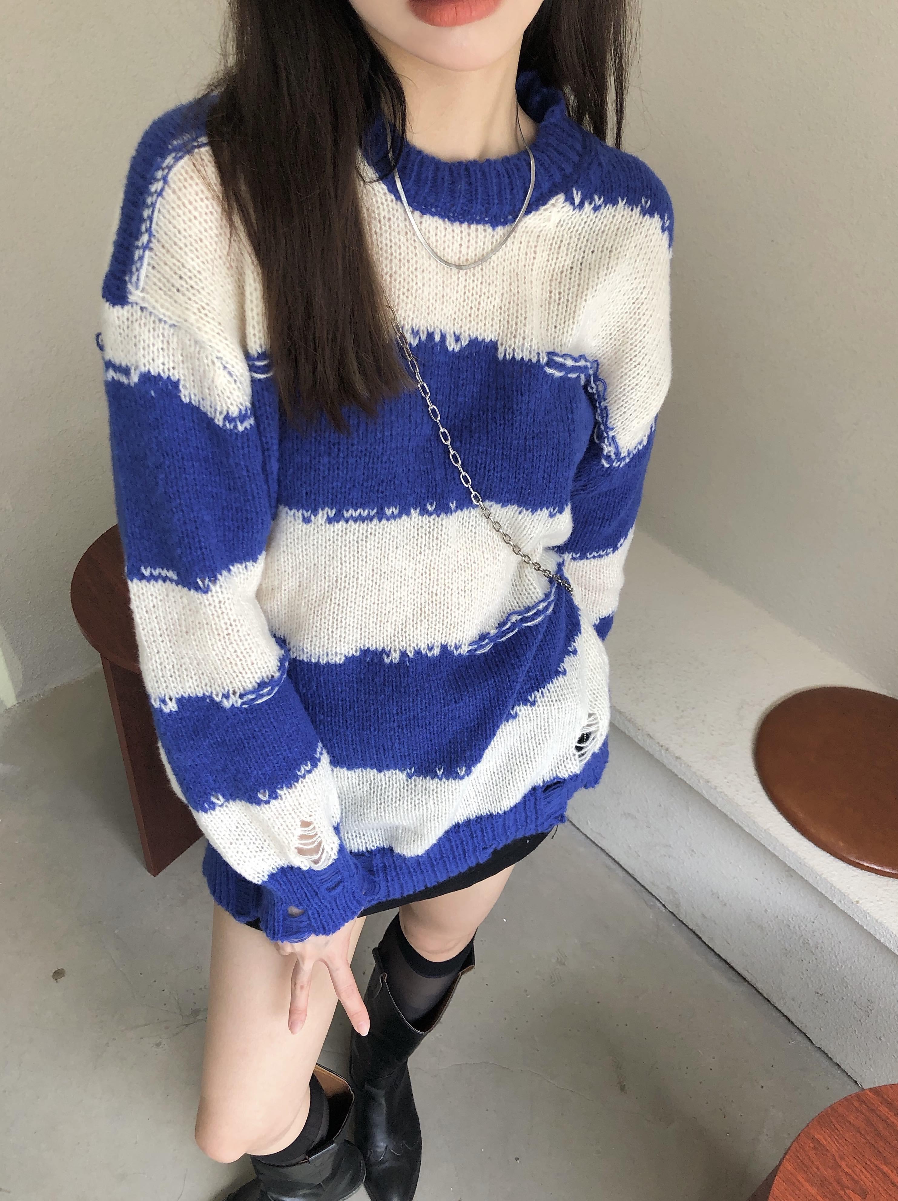 ルーズスリムニットセーター オータムブルートップス ロング 秋物 モンロー22866035448