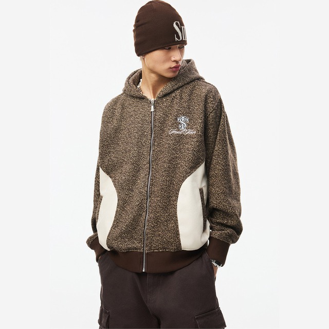 【DRIP6886】STKD Cross Panel Tweed Knit Zip Up Hooded Jacket