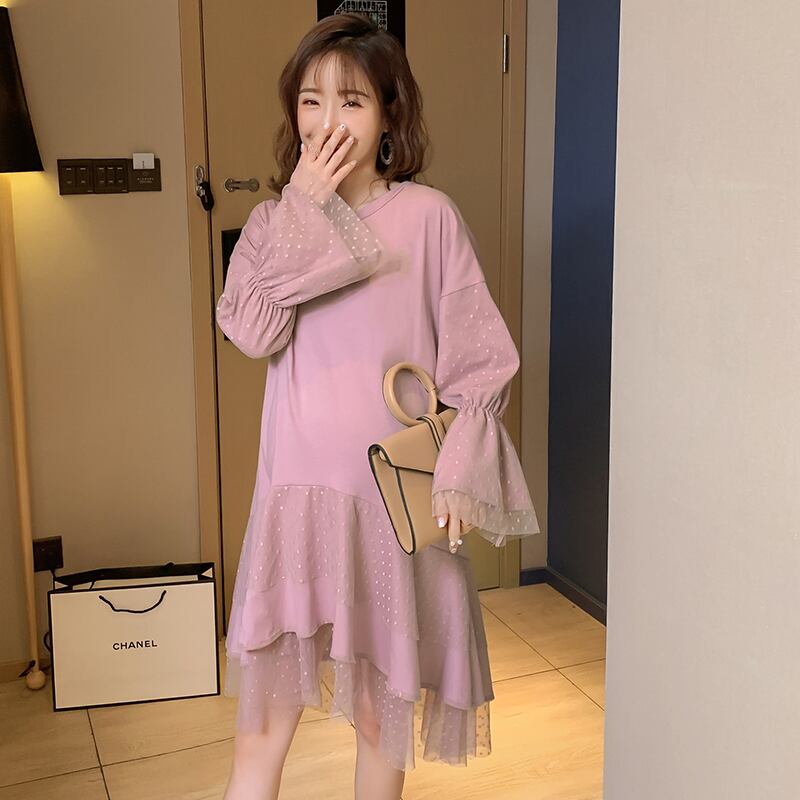 【新作】【送料無料】 マタニティドレス2020ピュアコットンパッチワークガーゼボートネックAライン膝丈長袖ピンクマタニティドレス妊娠中のドレス ロング AL expec36039250907