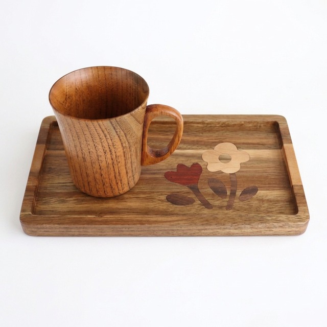 レトロかわいい【森の朝セット】木製マグカップ 天然木 木のお花トレー