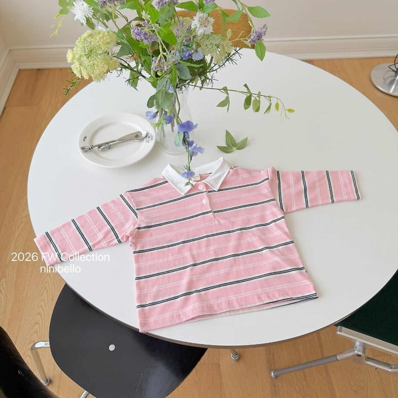 韓国子供服 / ninibello / Milky Stripe Collar T-shirt  / 長袖Ｔシャツ *XS~XXL*