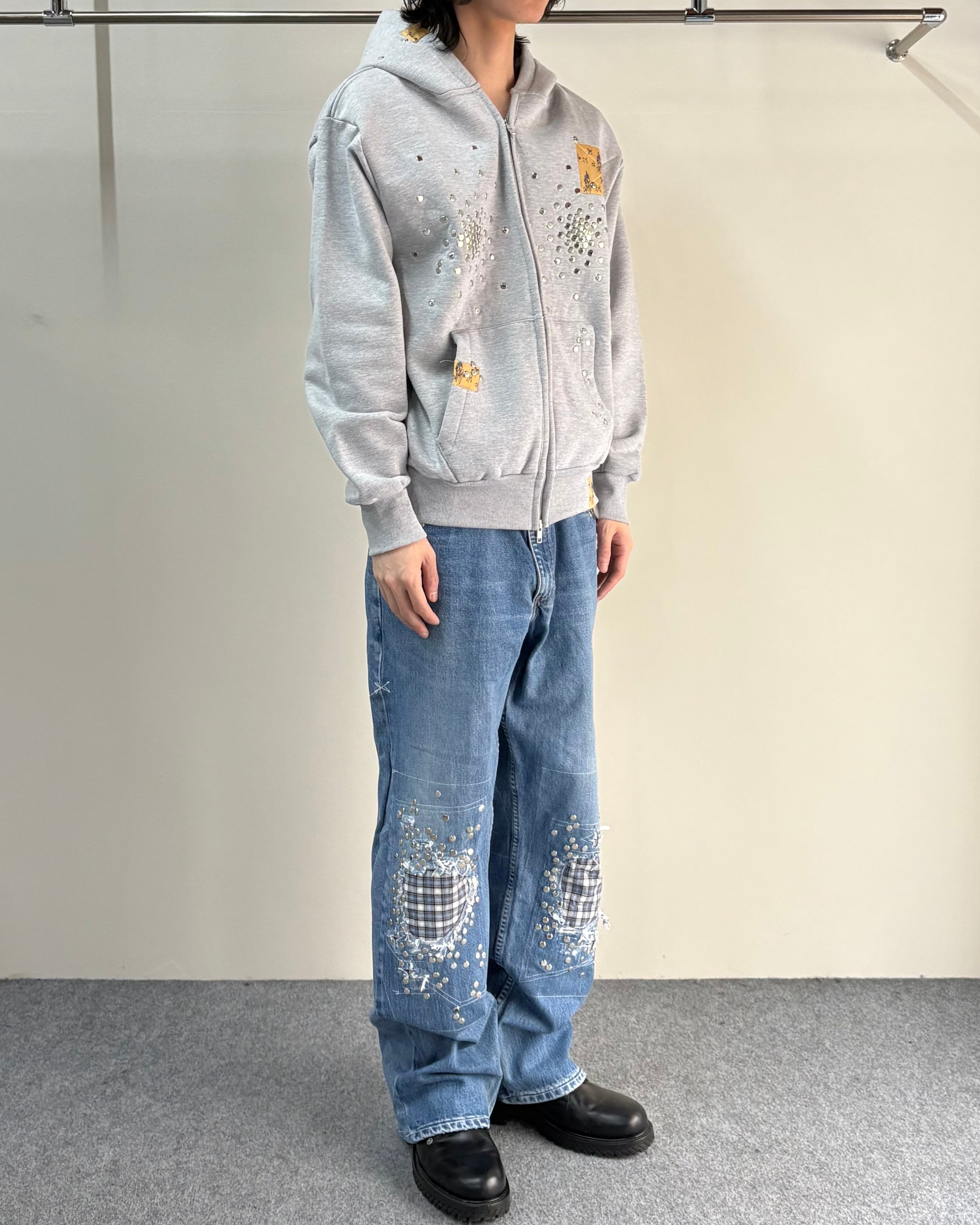 Hannah Creak】Studded Hoodie Double Zip Grey | blendmarket