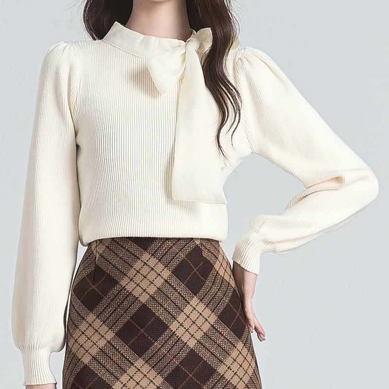 bowtie long sleeve ribbed knit tops m1203