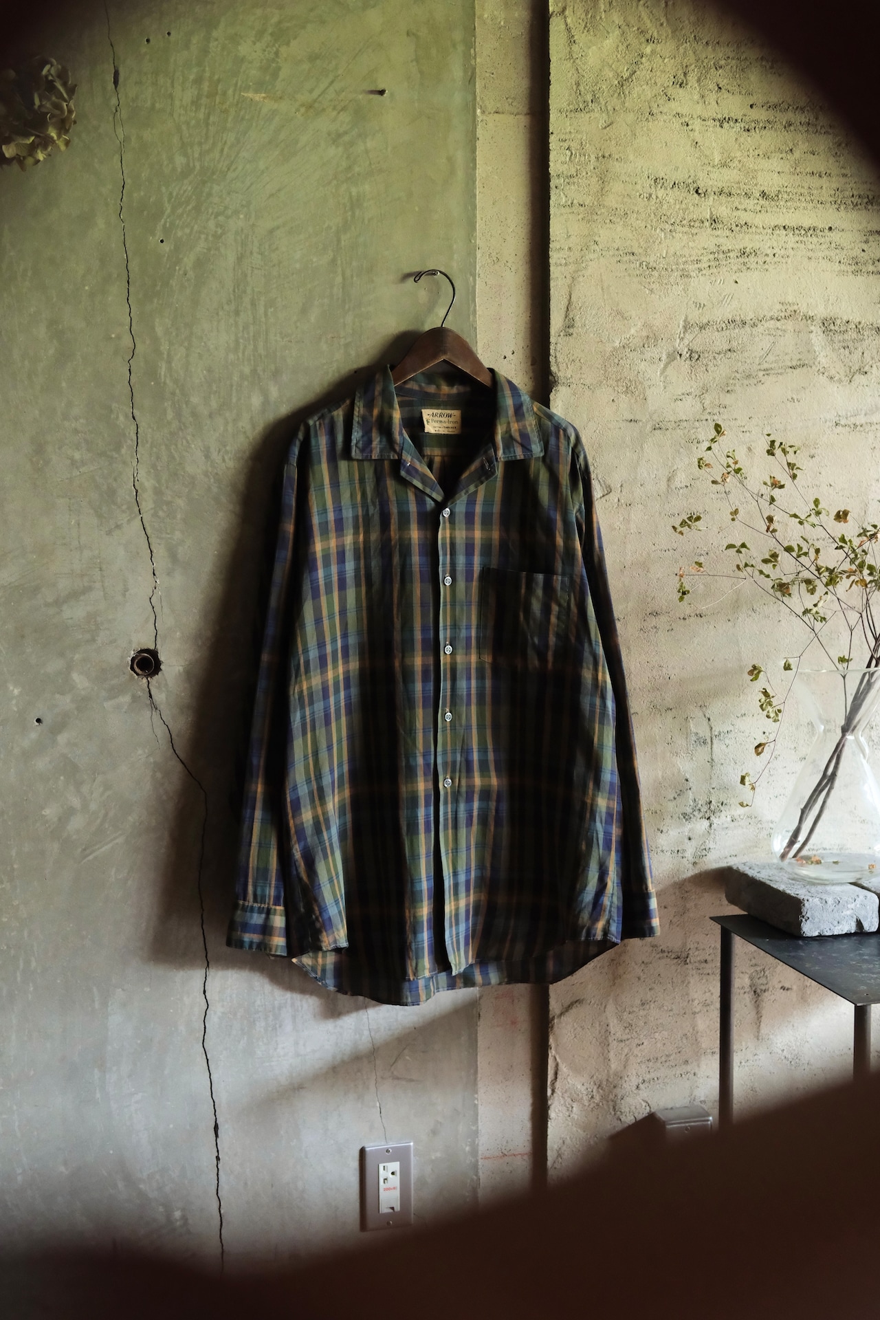 Utah/60-70's "ARROW"cotton check open collar shirt