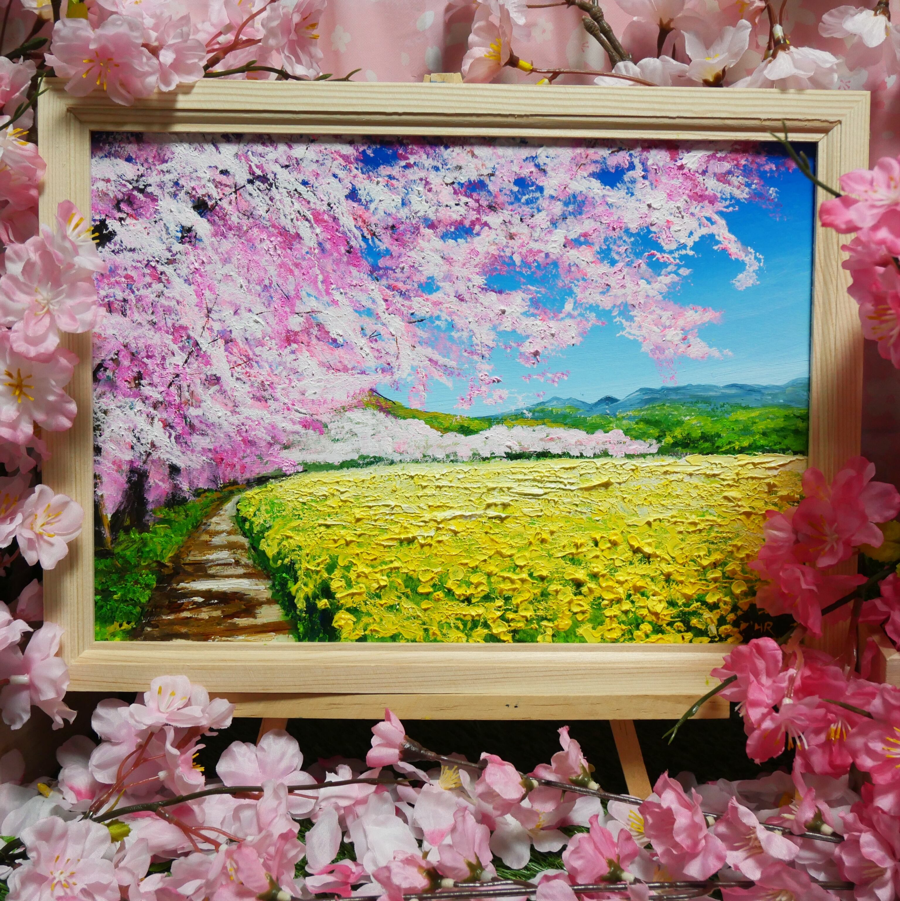油絵 絵画 【桜と菜の花の道】 | HIROSHI1990 油絵 絵画 【桜と菜の花の道】 | HIROSHI1990