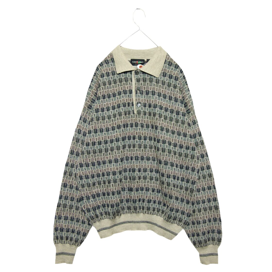 vintage used clothing patterned knit polo-shirts beige wool 