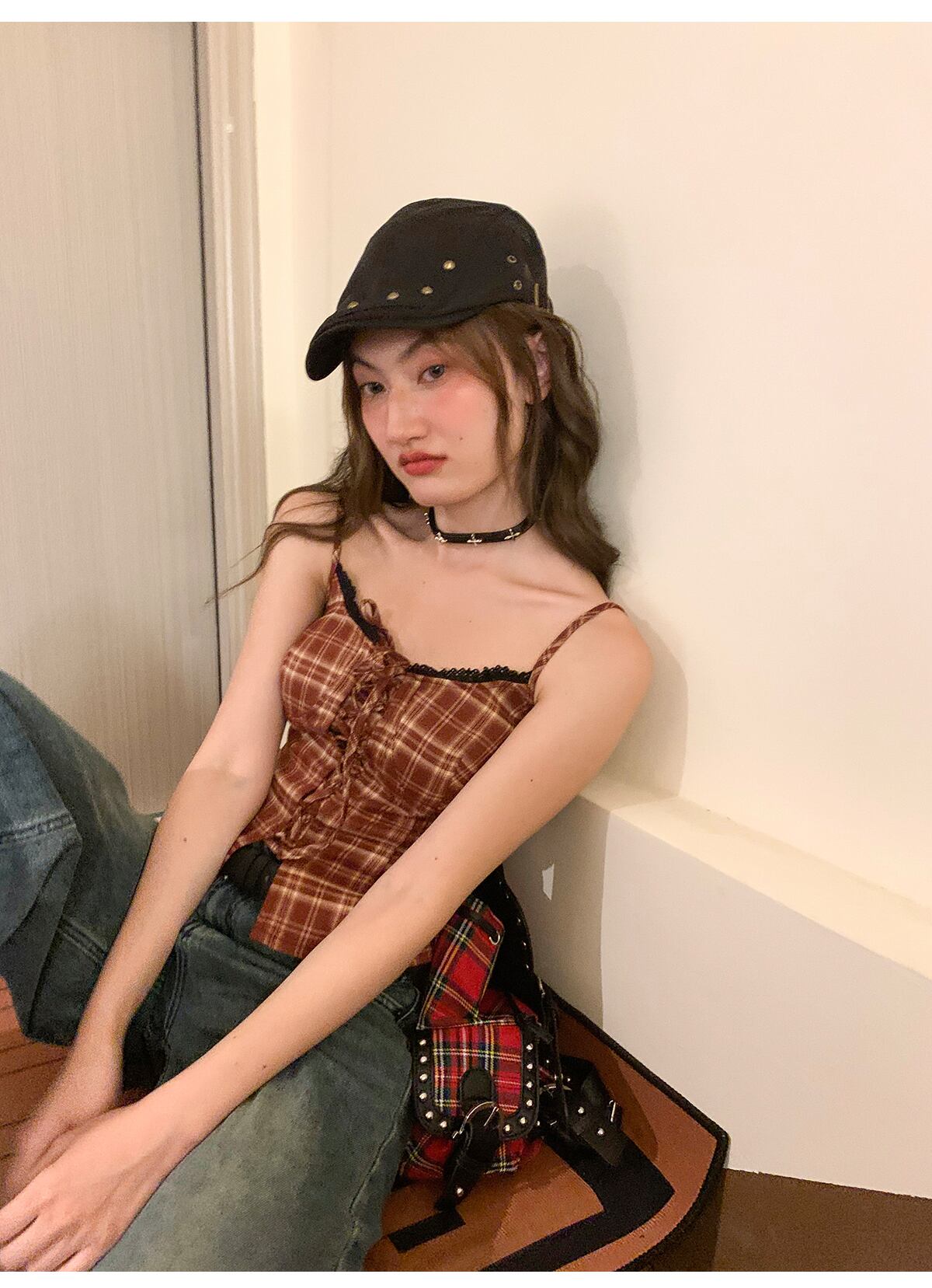 激レア　希少　アンティークレース　バレエコア　キャミソール　ノースリーブ トップス キャミソール チェック柄 レース 袖あり レトロ バレエコア