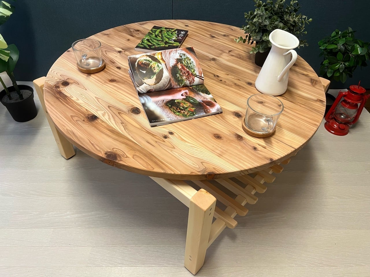 【送料無料】 ローテーブル 丸形 90cm 杉 ナチュラル 棚付き 栄町工房
