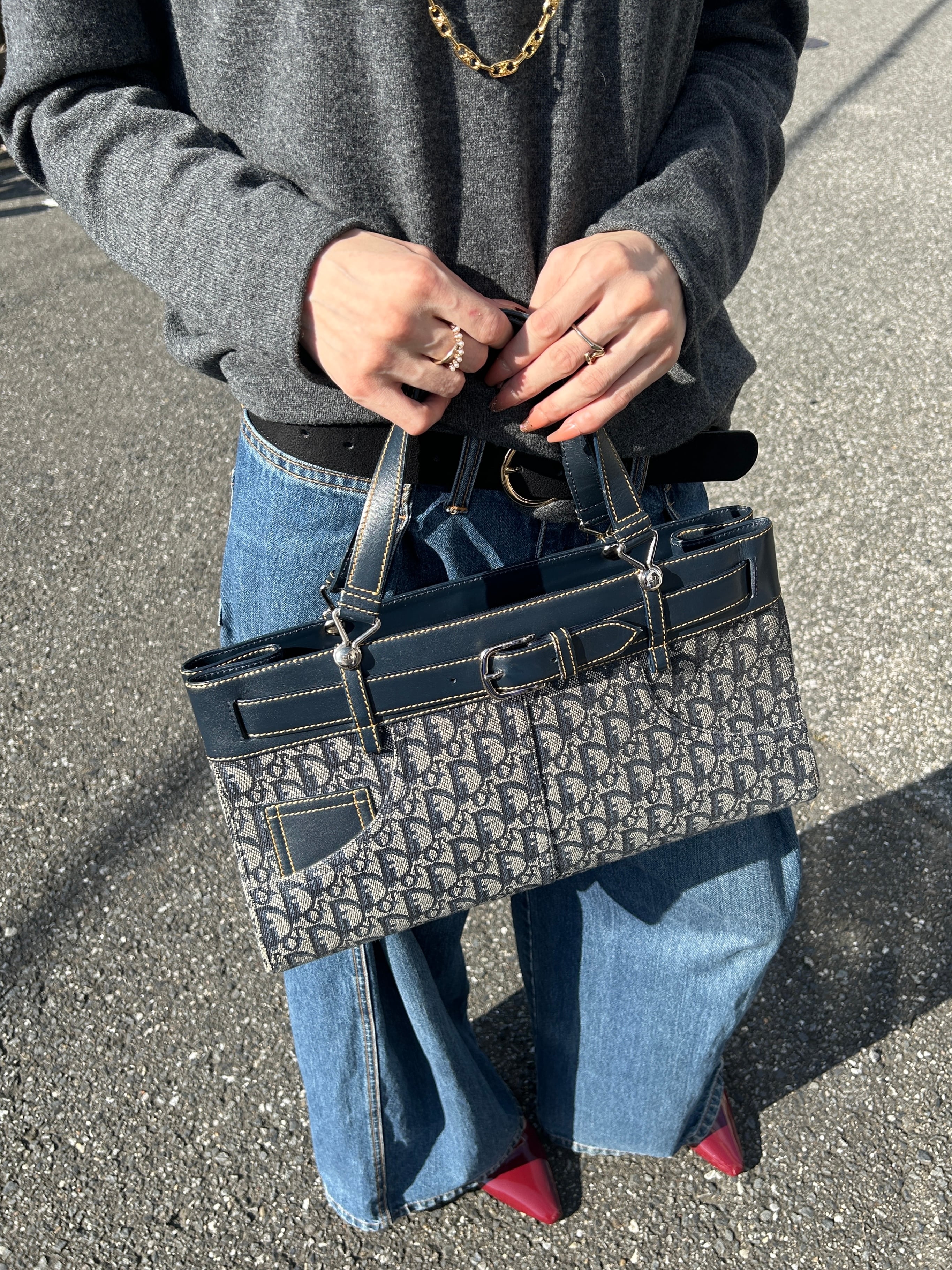 Christian Dior クリスチャン ディオール トロッター ハンドバッグ ネイビー ジャガード レザー vintage ヴィンテージ オールド twjy5h
