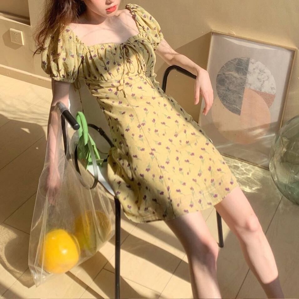 花柄 水玉 ドット ワンピース 胸元ギャザー リボン フレア 花柄 水玉 ドット ワンピース 胸元ギャザー リボン フレア