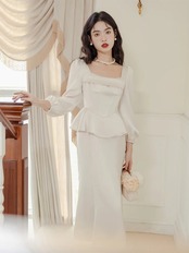 【0248】Frill Square Neck Lantern Long Sleeve Dress