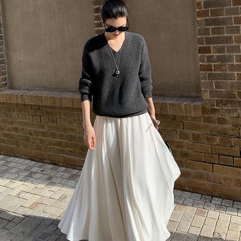 High waist white flared long skirt TH3129 | Leithy