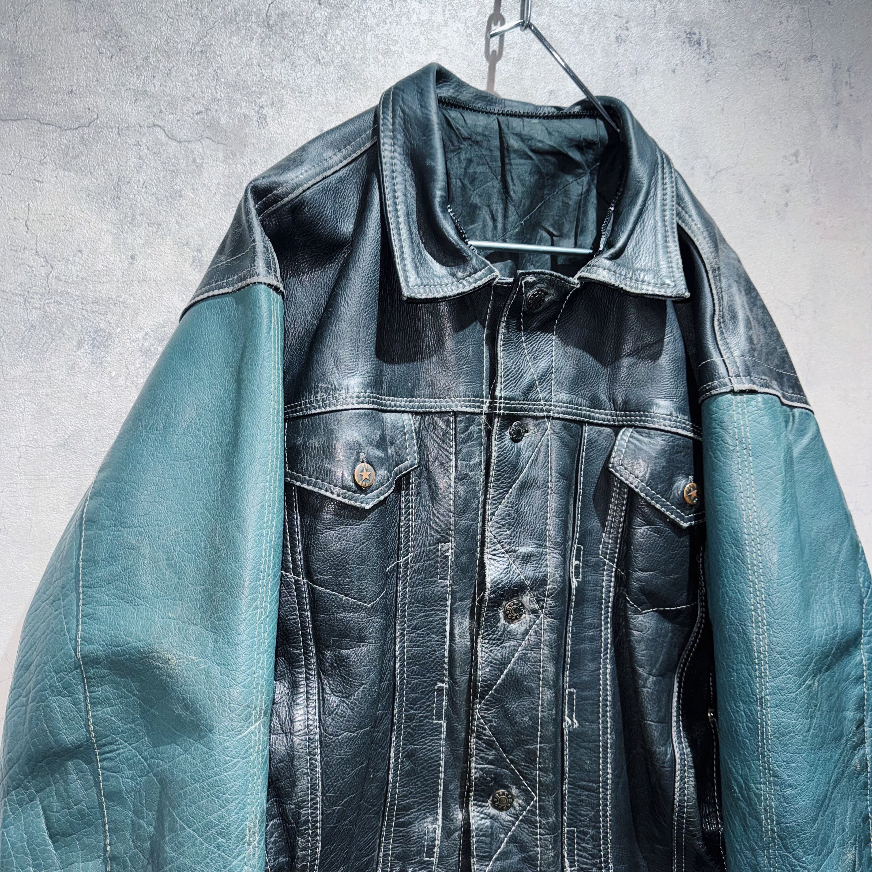 special 90's 2way cowhide switching color design hoodie leather