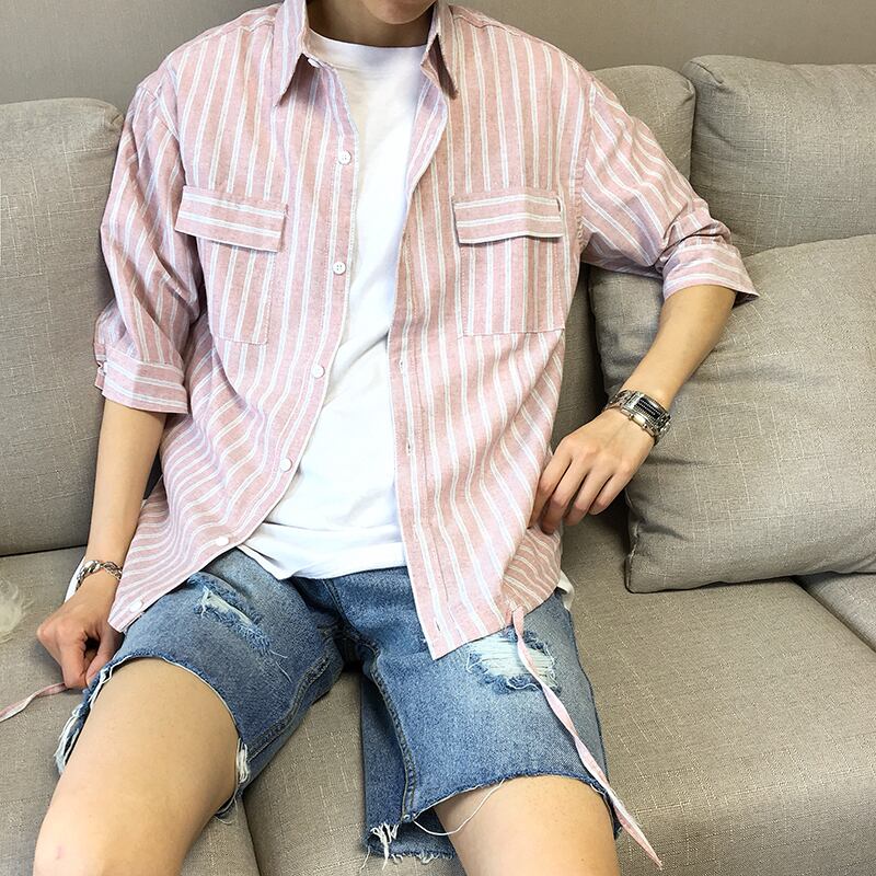 全2色 シャツ ストライプ 半袖 カジュアル シンプル 羽織