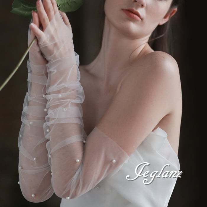 パール付き 手袋 ウエディング アクセサリー グローブ シアー感 (M8948)θ