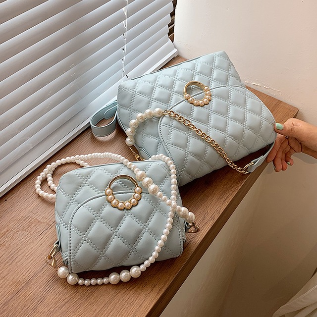 サマーパールチェーン 刺繍 夏物 真珠 スクウェア メッセンジャーバッグ 手作りハンドバック56021506602