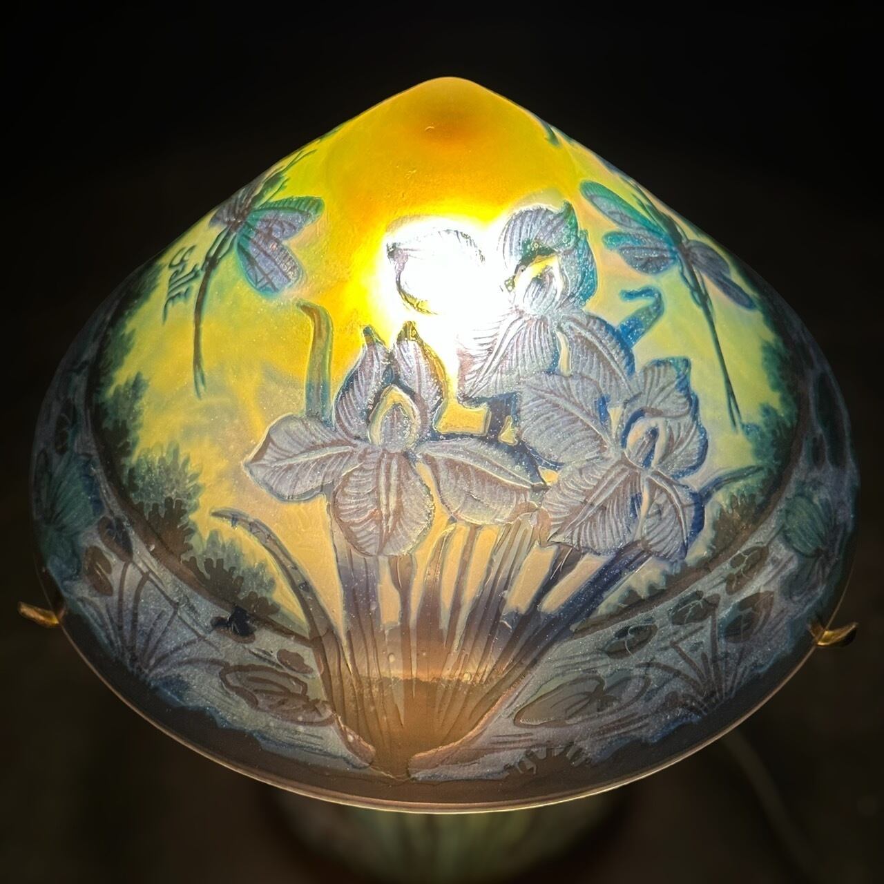 エミールガレ 2灯 蜻蛉文 台座真鍮 カメオ彫り 被せガラス 高さ25cm