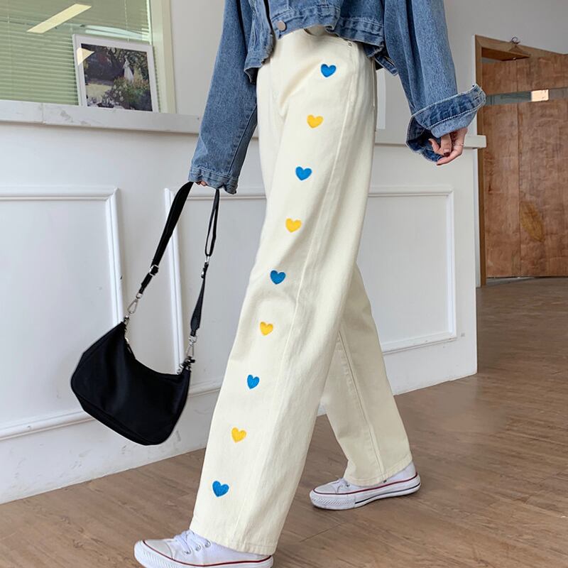 ハイウェストウェストジーンズ スプリングルーズパンツ 薄手 レッド 刺繍 春物 スーパーモール80041173462