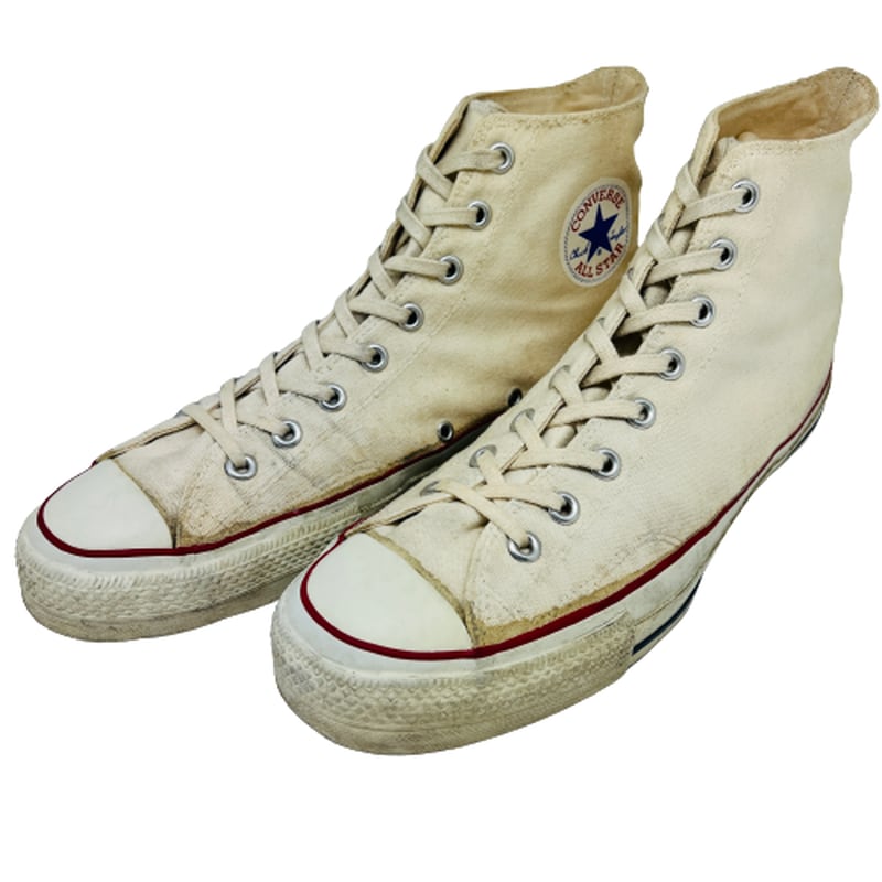 70's CONVERSE ALL STAR HI オールスターハイ オリジナル キャンバススニーカー 生成り ホワイト 赤箱 バスケットボール  黒文字 青枠 サイドステッチ 当て布 US11.5 USA製 希少 ヴィンテージ BA-2145 RM2564H | agito vintage ...