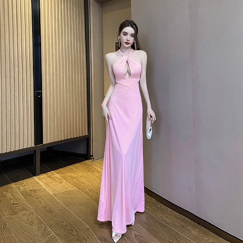 3色】ロングドレス ホルターネック 谷間見せ セクシー 宴会 ナイト